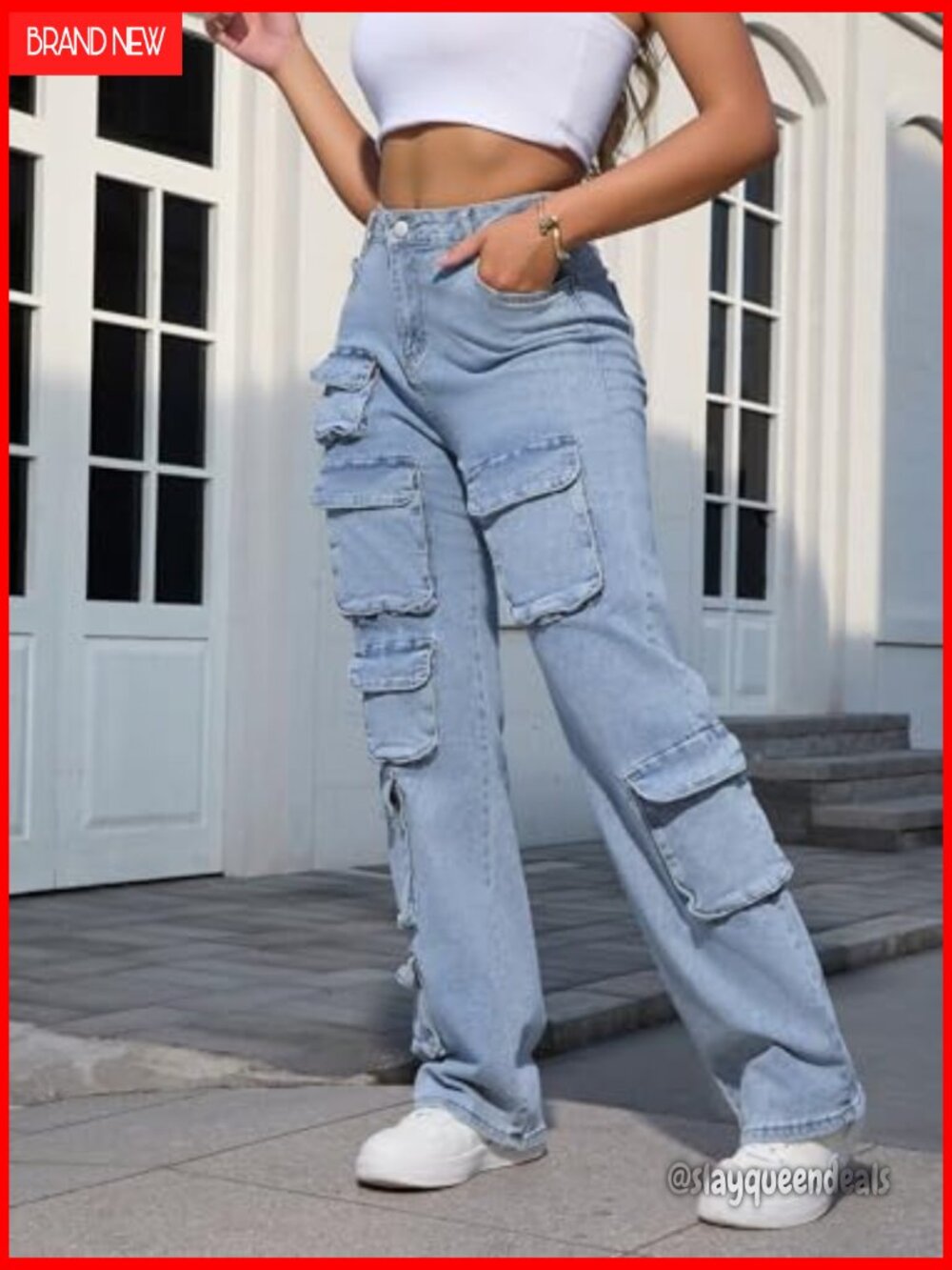 Baggy Cargo Jean High Waisted Y2K Distressed Wide Leg Denim Pants Multi Pockets - Picture 4 of 7